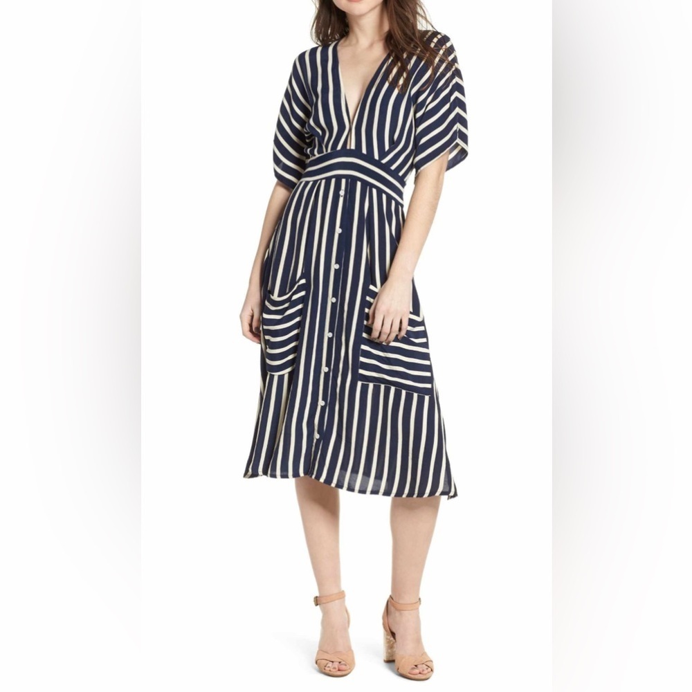Faithful the Brand Milan Midi Dress - Navy Mazur Stripe - Picture 1 of 7